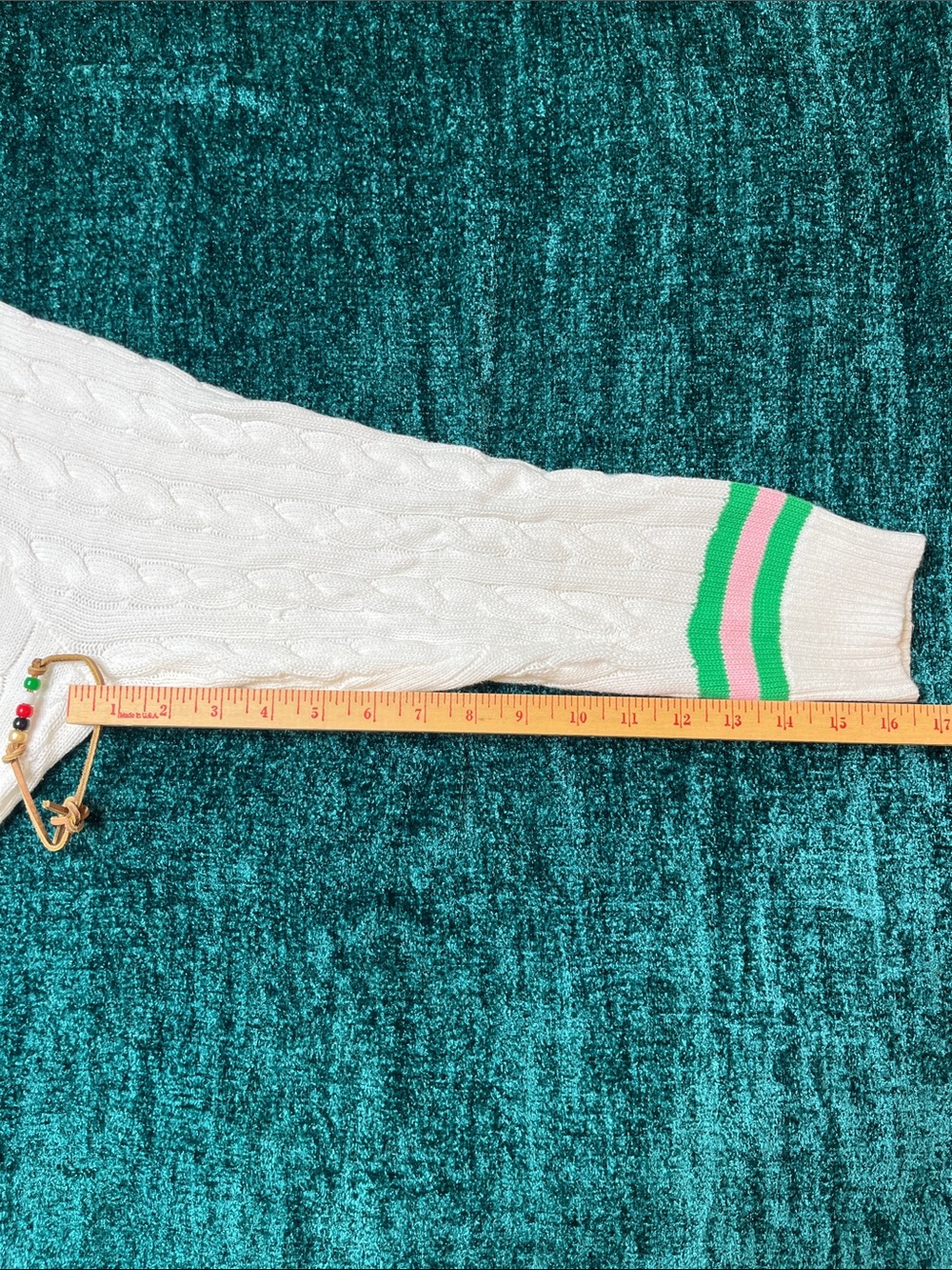 Lily Pulitzer-White Cable-Knit V-Neck Sweater with Green & Pink Trim-XL - Picture 4 of 7